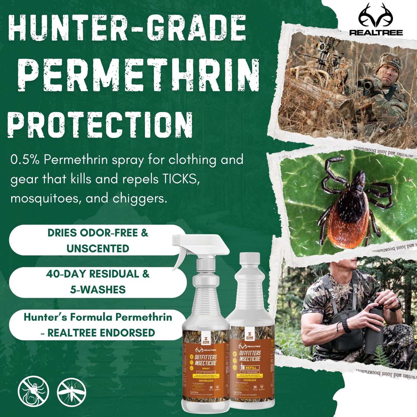 Zone Realtree Outfitters Permethrin Insecticide Spray and Refill Bundle - 32oz Spray and 32oz Refill, Controls Ticks, Mosquitoes, Chiggers on Clothing, Boots, and Gear