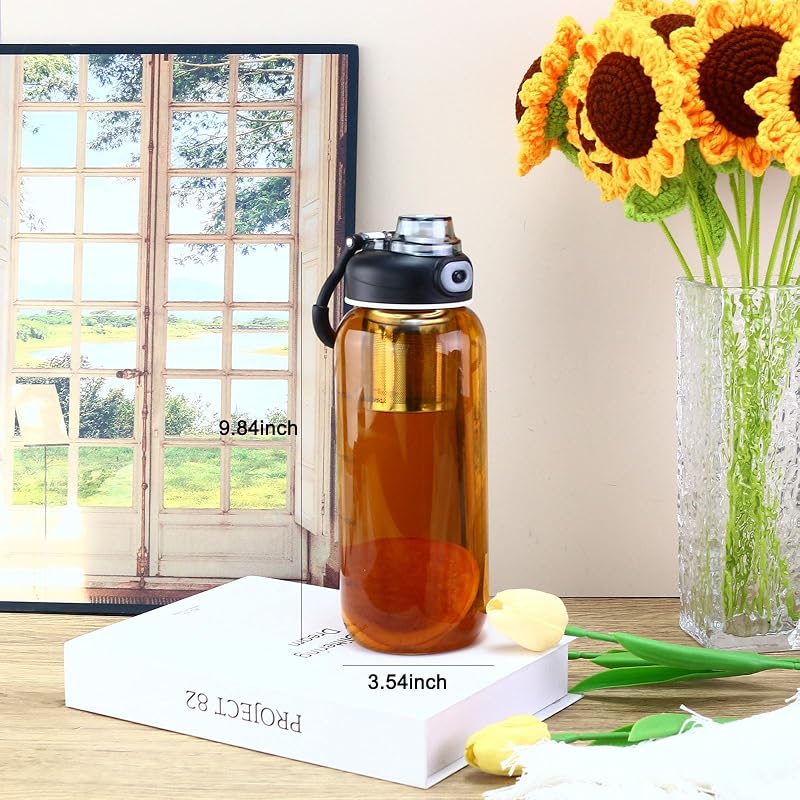 34 Oz Glass Water Bottle with Infuser, Time Mark, SUS Tea Strainer, BPA Free – Large Capacity
