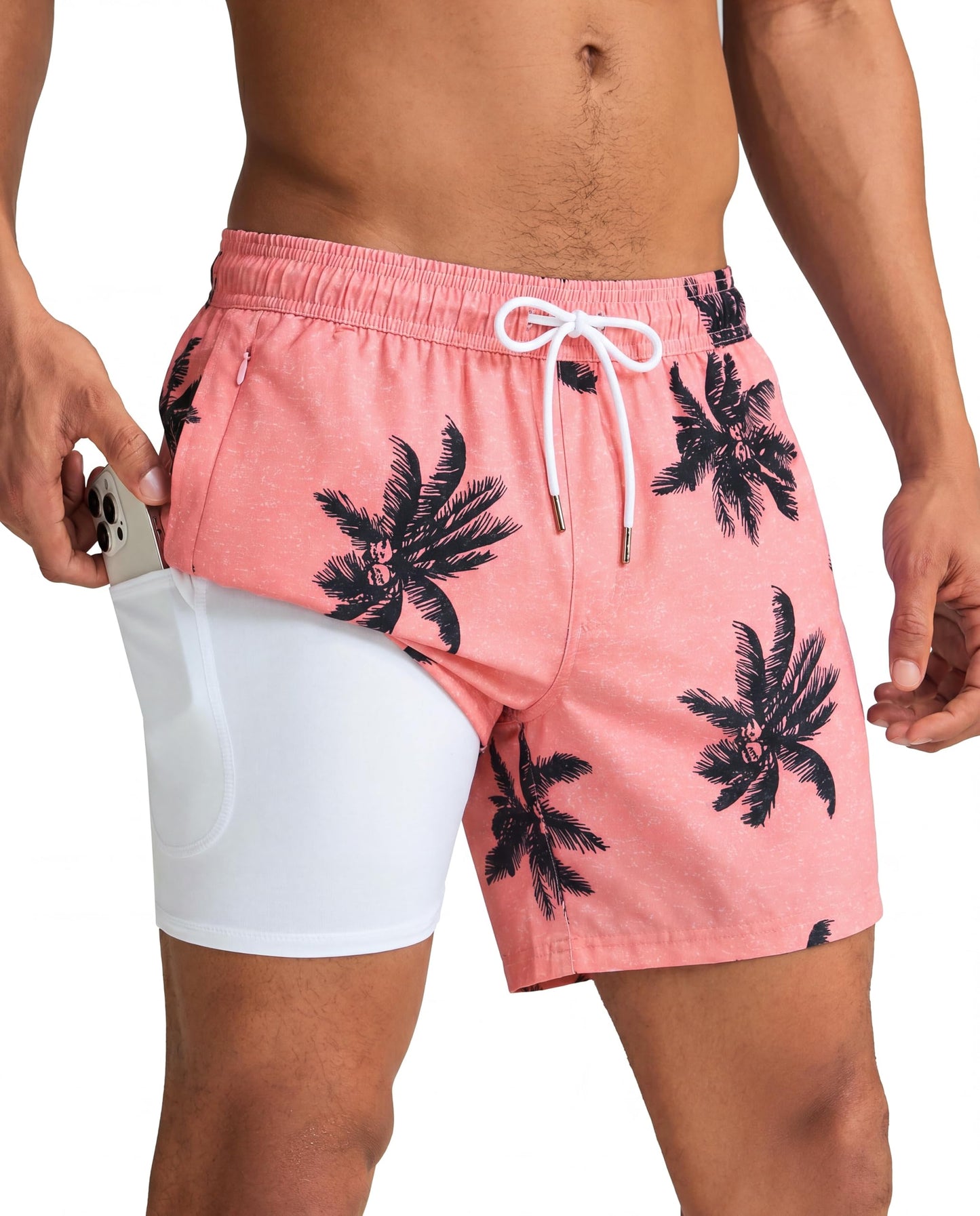maamgic Mens Swim Trunks with Compression Liner 5 Inch, Quick Dry Bathing Suit with Zipper Pockets, Stretch No-Chafing Swim Shorts, Pink-Palm Tree X-Large