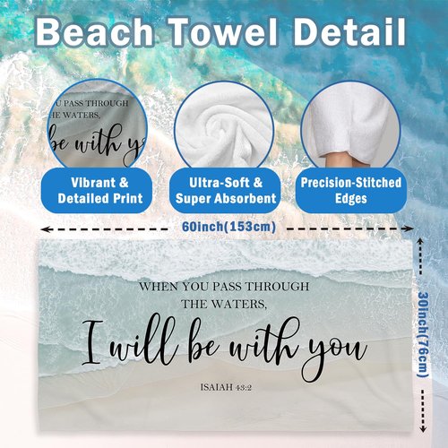 Xmsaitar Christian Coastal Beach Towel, Scripture Bible Verse When You Pass Through The Waters Bath Towels for Bathroom Swimming Pool, Sea Ocean Summer Microfiber Beach Towels Oversized Decor 30x60in