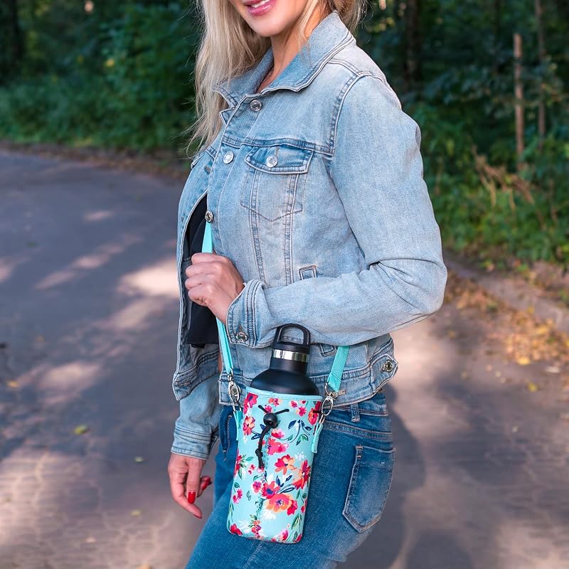 Neoprene Water Bottle Carrier with Adjustable Shoulder Strap - 64oz XL (Blue) for Insulating & Carrying Canteen