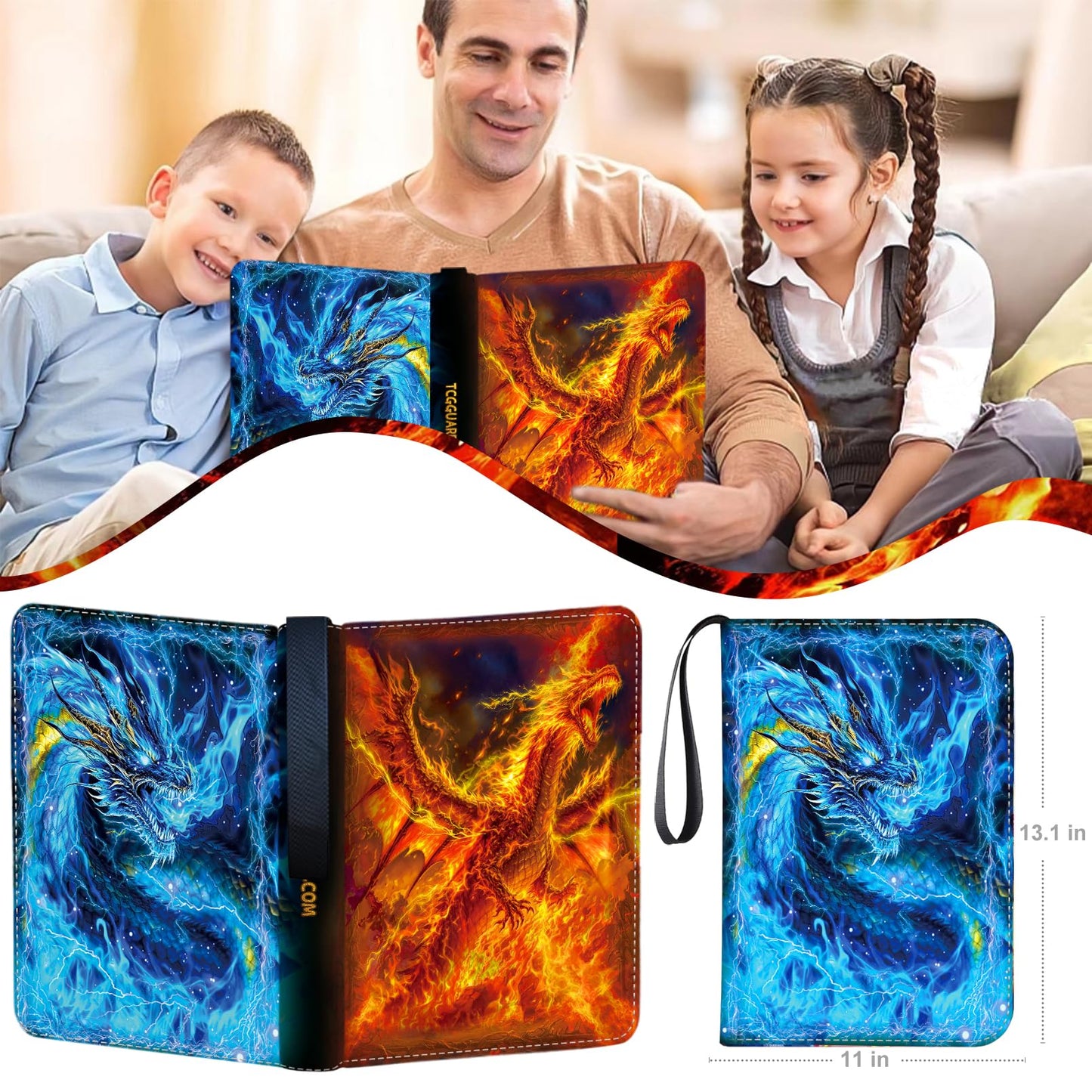 1008 Card Binder 9 Pocket, 3-Ring Trading Card Binder with 56 Page Removable Sleeves, High Storage Waterproof Trading Card Holder Collection Card Album Carrying Organizer Case for MTG TCG Cards -Fire