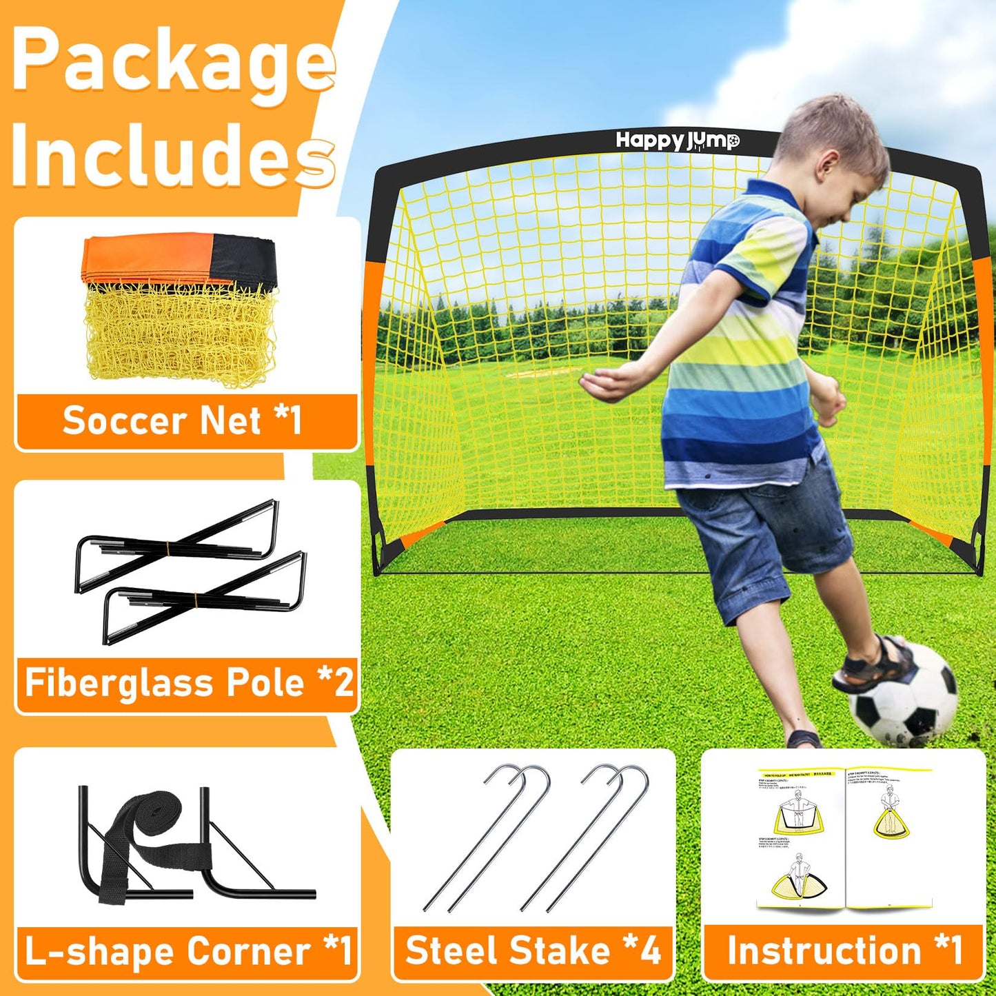 Happy Jump 7x5' & 5x3.6' Portable Soccer Goals for Kids Ages 6-14, Weatherproof Net and Steel Frame for Backyard Fun and Outdoor Training, Quick Setup and Sturdy for All Weather Conditions