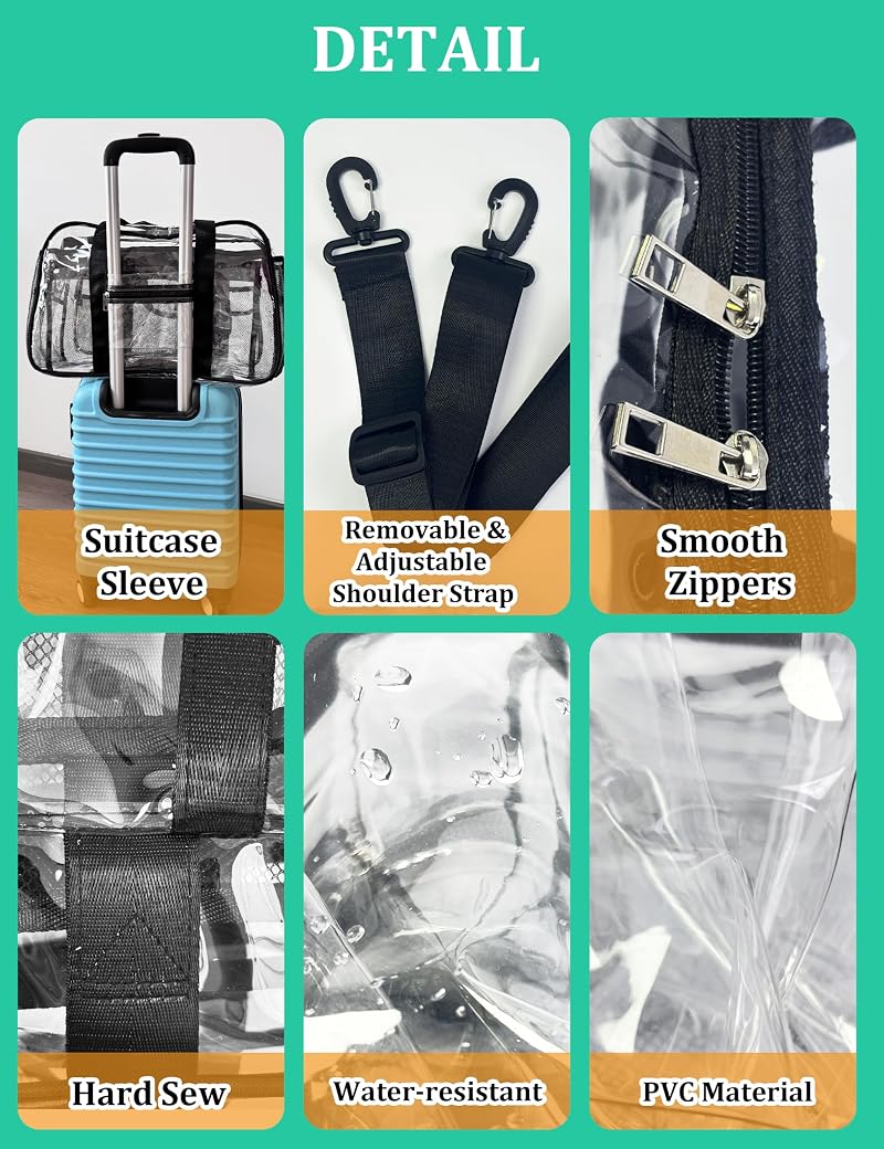 Large Clear Tote Bag 19" Luggage Carry-On with 10 Pockets, PVC Beach & Travel Bag