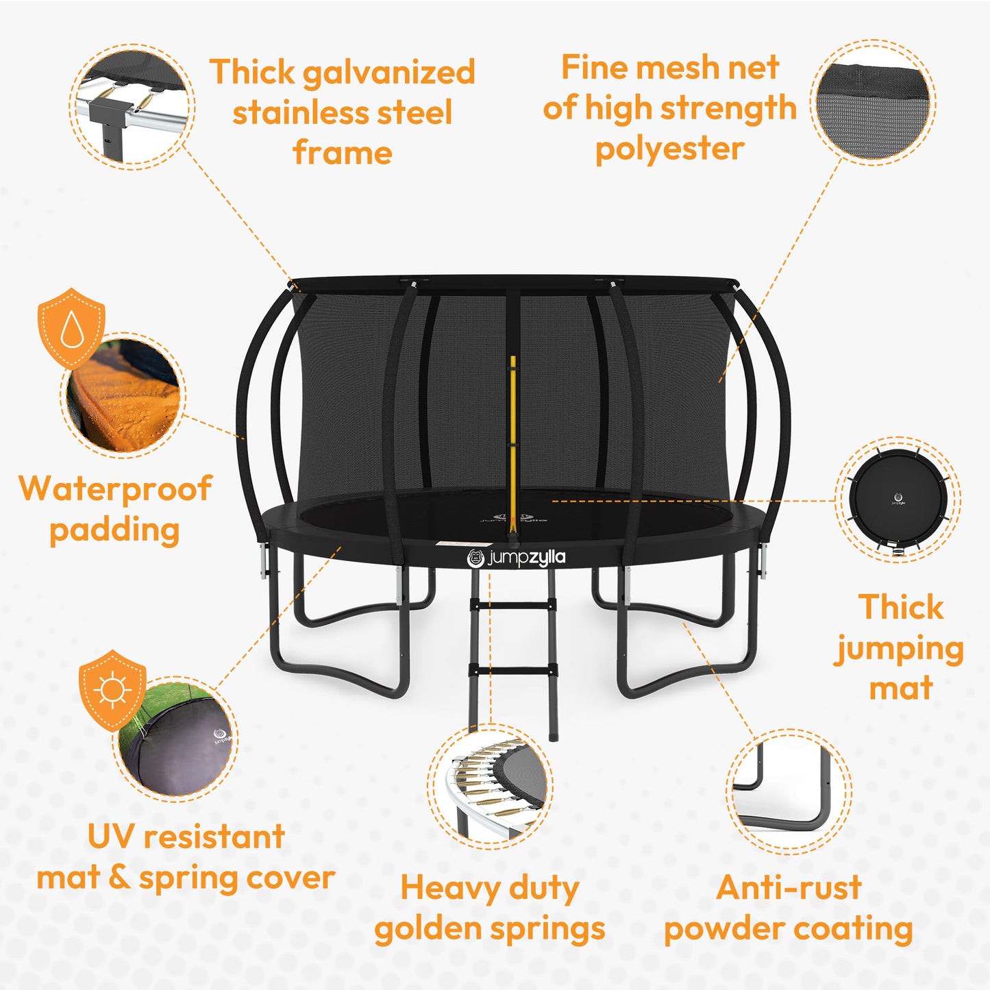 JUMPZYLLA Trampoline Outdoor 8FT 10FT 12FT 14FT 15FT 16FT with Enclosure and Ladder, ASTM Approved Recreational Trampoline for Kids and Adults, Anti-Rust Coated Frame (Black, 14FT)