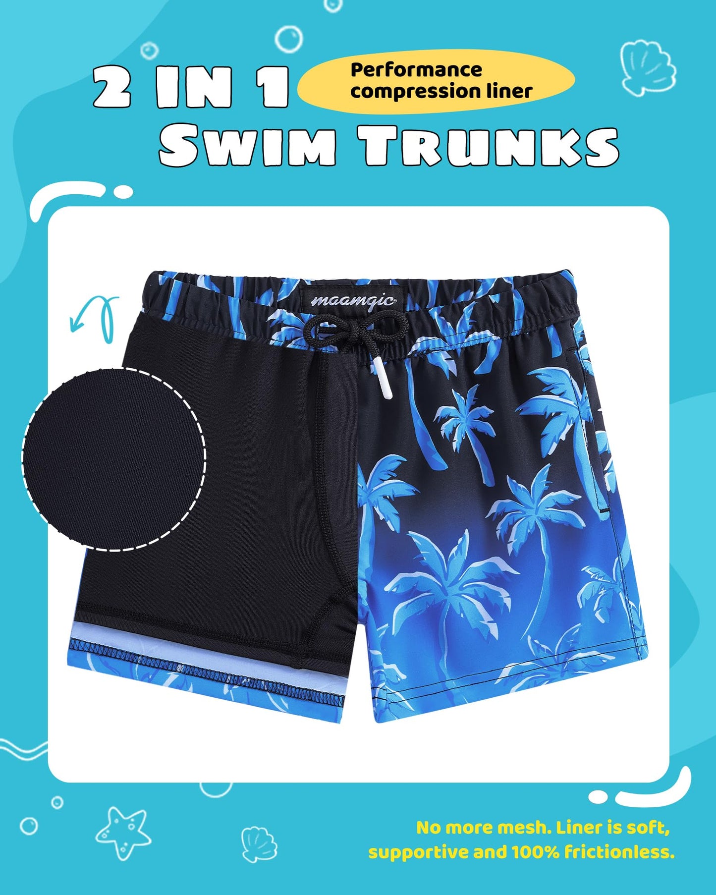 maamgic Boys Swim Trunks with Compression Liner Toddler Stretch Swim Shorts Quick Dry Swimming Trunks Boxer Brief 2 in 1 Beach Shorts Blue Coconut Tree 7