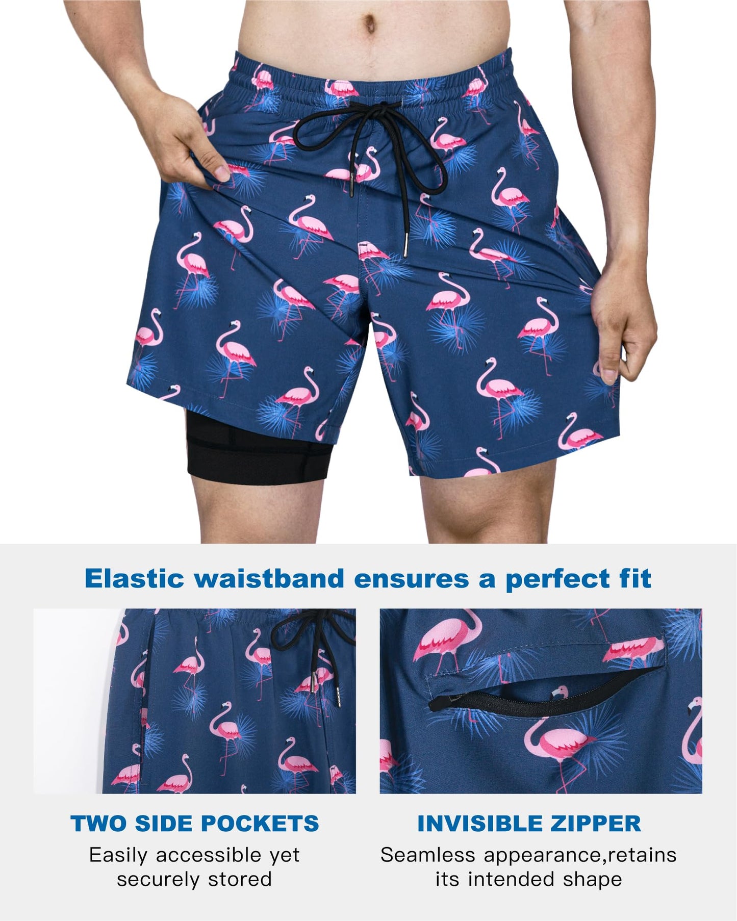 SURF CUZ Mens Swim Trunks with Compression Liner Quick Dry Swim Shorts 7" Swimming Trunks Stretch Zipper Pockets,Sunny Flamingos,S
