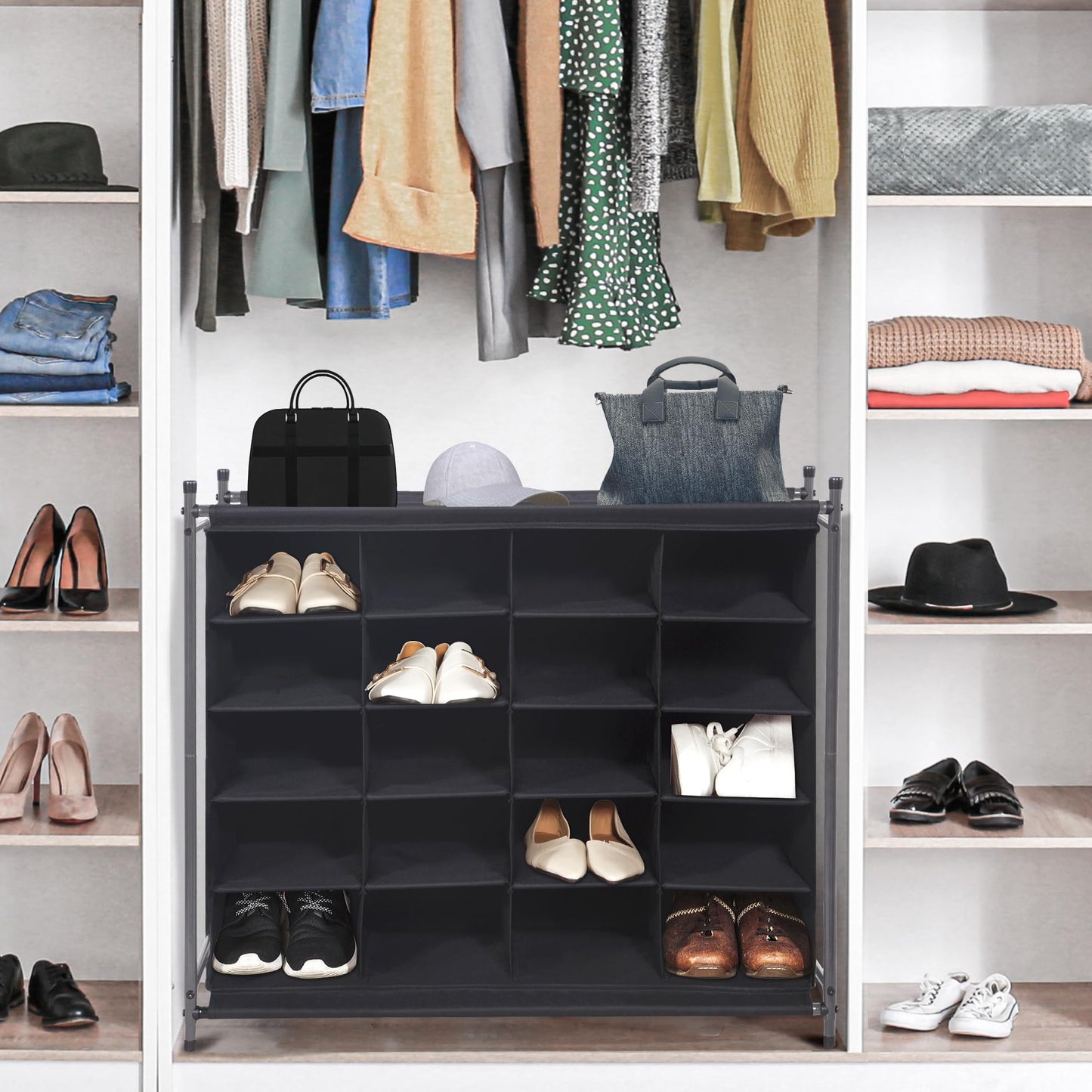STORAGE MANIAC Stackable Shoe Cubby Organizer, Free Standing Shoe Cube Rack for Entryway, Bedroom, Apartment, Closet, 20-Cube Black