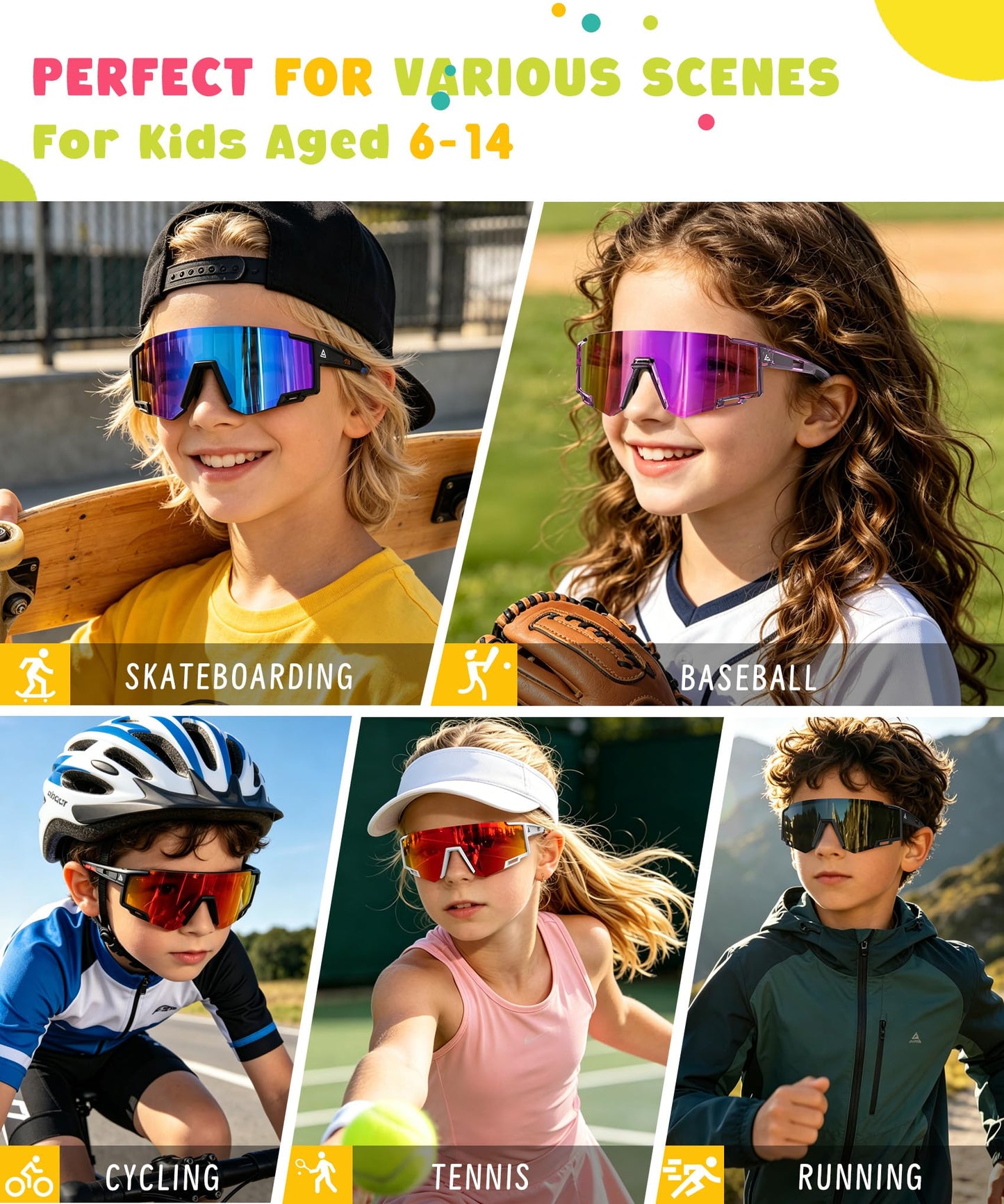 KALIYADI Polarized Kids-Sunglasses Sports Sunglasses-for-Kids: Boys Girls Sun Glasses with UV400 for Running Cycling Age 6-14