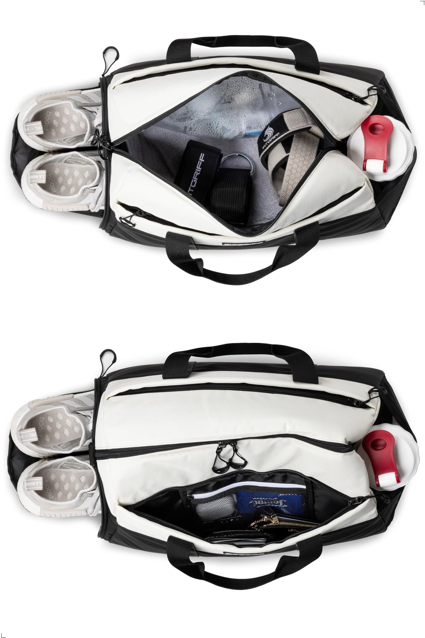 Fitgriff® Gym Bag V2 for Men and Women with Shoe & Wet Compartment - Duffle Bag for Travel, Sports, Fitness and Workout (Black/Cream White, 22 x 12 x 13″ (Medium))