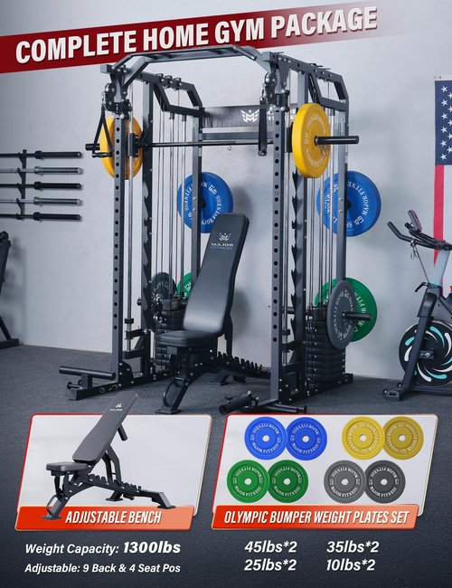 Major Fitness Drone2 Premium Smith△ Machine, All-in-One Home Gym Squat Rack with Aluminum Pulley Set, Weight Bar (BK D2AW Package(with Black Bench+230lb))