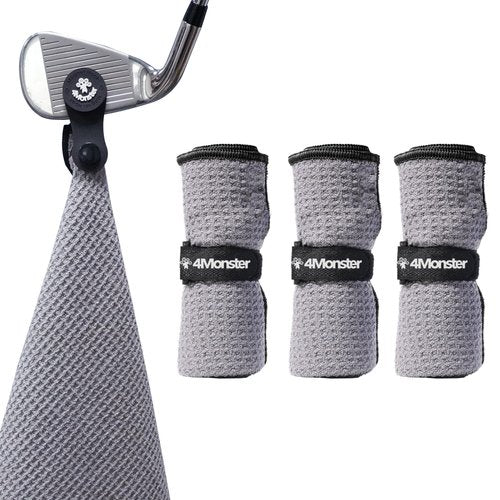 4Monster Golf Towels 3-Pack with Detachable Magnet and Portable Pouch, Quick-Dry Microfiber Golf Towel Set for Golf Bags,Custom Towel Gifts for Men or Women (3, Grey)