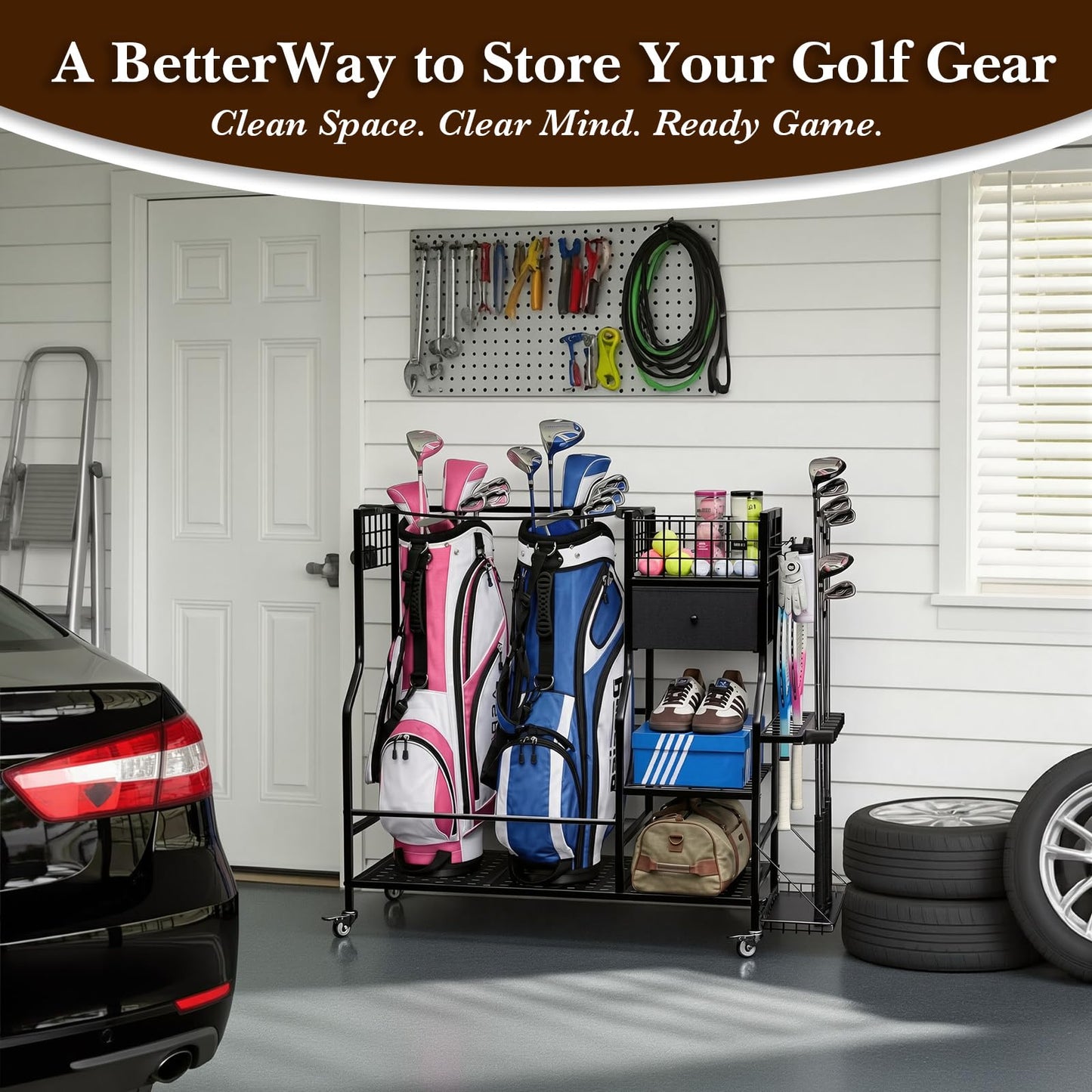 Faesun Golf Bag Organizer for Garage, Golf Bag Storage Rack with 6 Club Slots, Golf Club Organizer with Fabric Drawer & Wheels, Golf Storage Organizer Holds 2 Bags, Golf Rack Storage System
