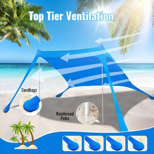 Oasis Cove Beach Tent Sun Shelter, 10 x 10 FT Beach Canopy Tent Sun Shade with 4 Sandbags, 2 Poles,Elastic Cords, Sand Shovel + 4 Ground Pegs UPF50+ Beach Shade Canopy for Outdoor Camping, Fishing