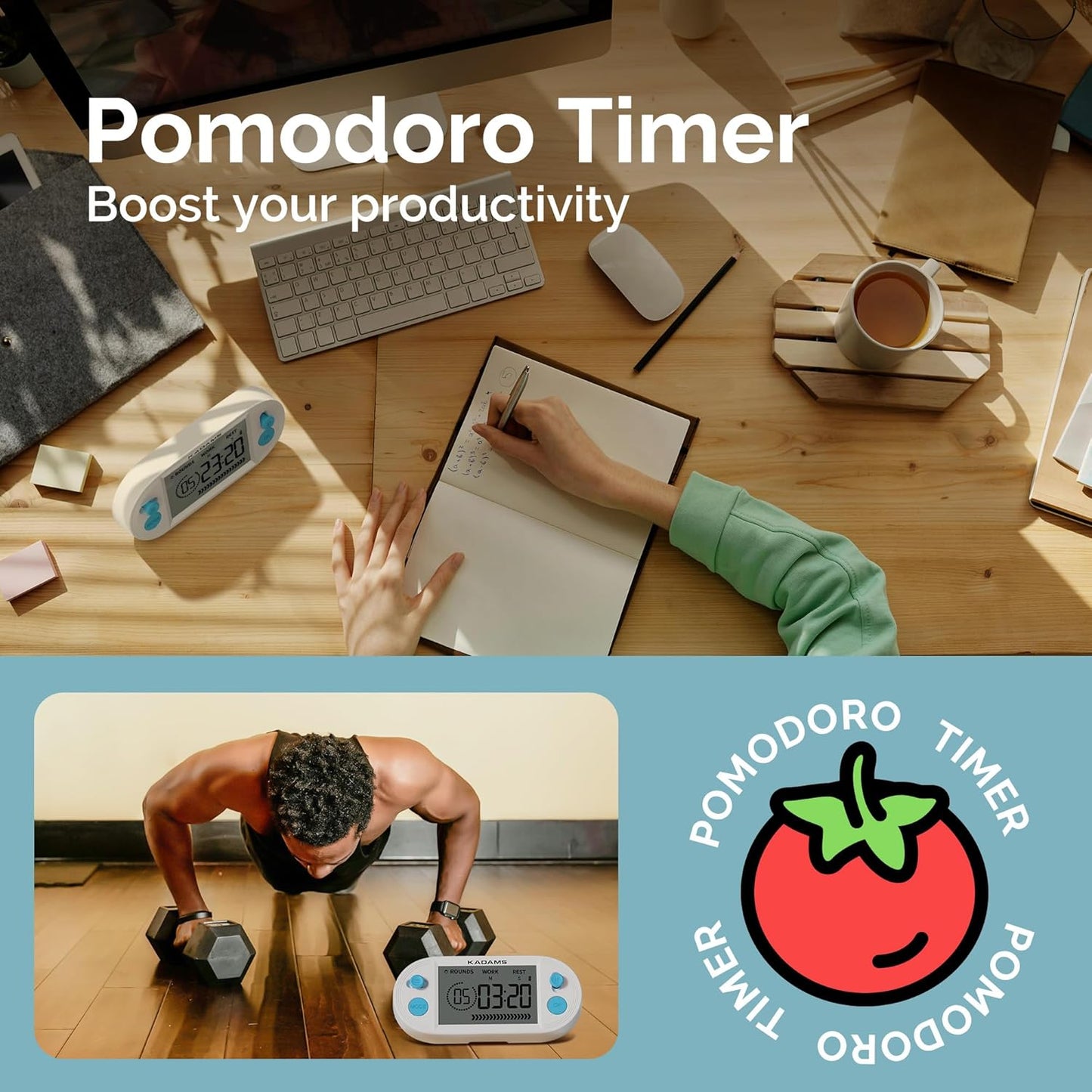 KADAMS Pomodoro Timer with Interval Countdown - Study, Gym & Exercise Timer with Magnets Stand (Blue)