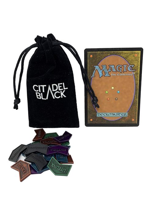Citadel Black MTG Metal Keyword Counters - Set of 24 Reversible Tokens - Includes Drawstring Pouch, Antique Metal Finish, Designed for MTG TCG Magic: The Gathering Accessory