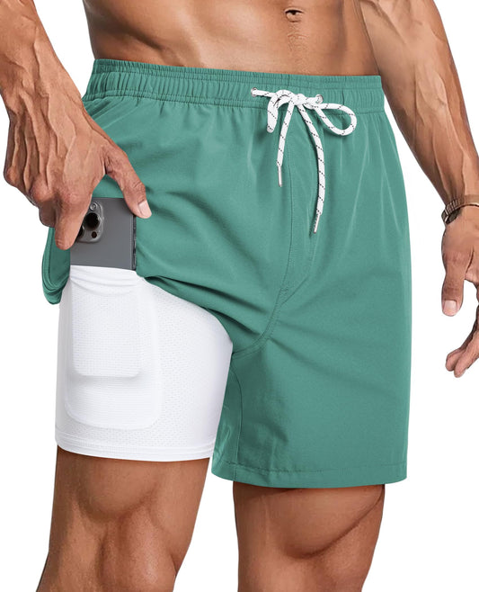 Gleeease Men's Swimsuit with Compression Liner Bathing Suit 5 Inch Inseam