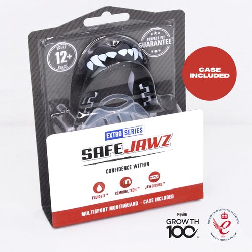 SAFEJAWZ Mouthguard Slim Fit, Adults and Junior Mouth Guard with Case for Boxing, Basketball, Lacrosse, Football, MMA, Martial Arts, Hockey and All Contact Sports (Adults 12+ Years, Black Fangz)