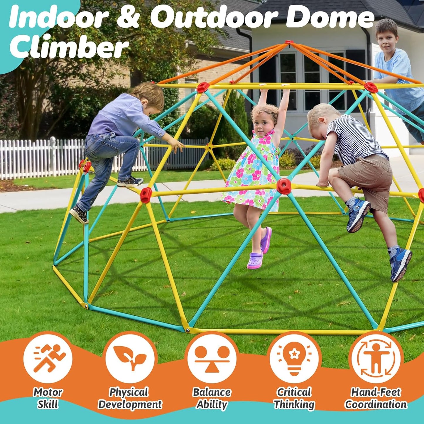 10FT Climbing Dome with Climbing Cargo Net, Outdoor Jungle Gym for Kids- Supports 1000LBS-Anti-Rust Metal Outdoor Play Structure ASTM Approved, Easy Assembly