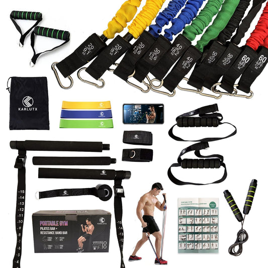 KARLUTX Pilates Bar Kit with Resistance Bands (10 Units) | Portable Home Gym | Booty Bands, Jump Rope & Full-Body Workout Equipment | Dedicated Video Channel