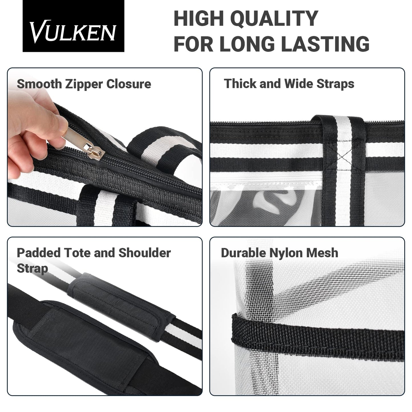 Vulken 42L Extra Large Mesh Beach Bag. 9 Pockets Top Zip Tote Bag Shoulder Bag. (Black&White)