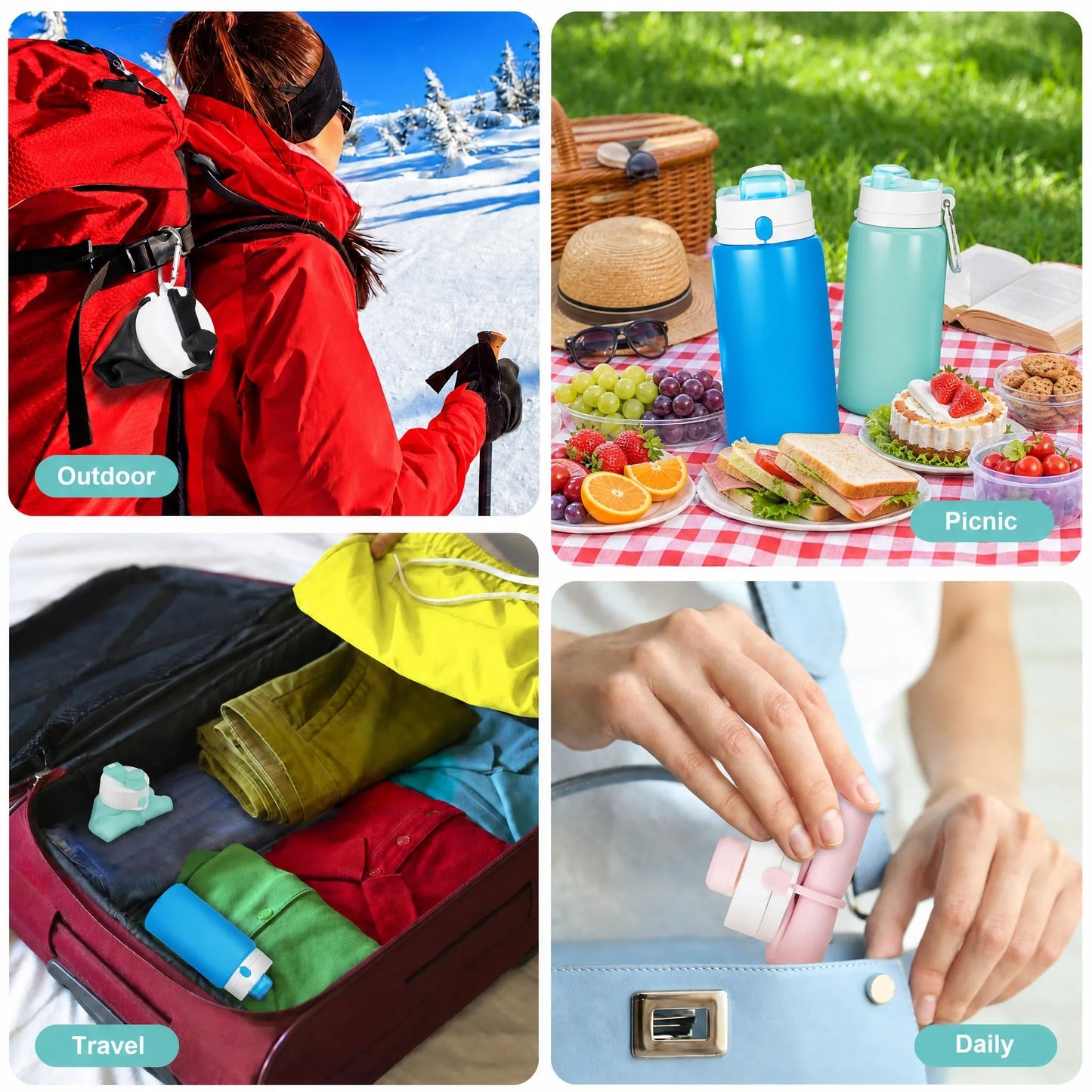 2 Pack Collapsible Water Bottles, 19oz Foldable Silicone Travel Bottles
