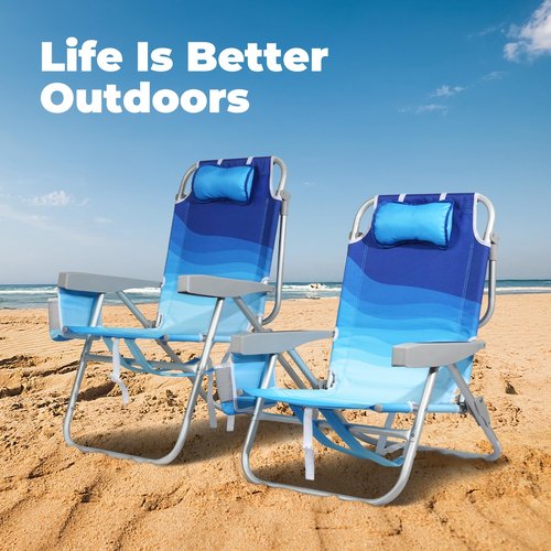 Low Beach Chairs for Adults 2 Pack– 5-Position Reclining Backpack Chair with Large Insulated Cooler & Storage Pocket, Aluminum Frame, Portable for Travel & Outdoor, Supports 300lbs, Wave Blue