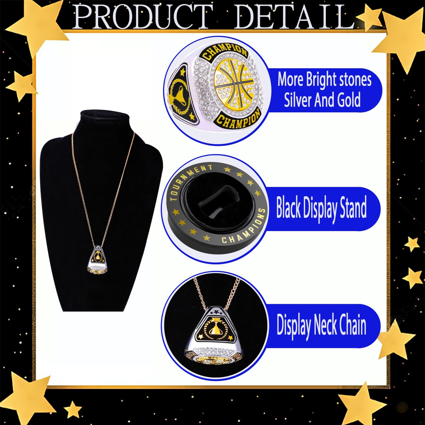 12 Pcs Basketball Championship Rings Basketball Ring Sport Ball Trophy Award Gift With Display Neck Chain and Stand for Tournament or League Champion Winner (6pcs gold basketball rings, size 11)