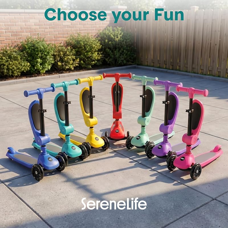 SereneLife 3-Wheel Kids Scooter with Seat, LED Wheels – Mint Green