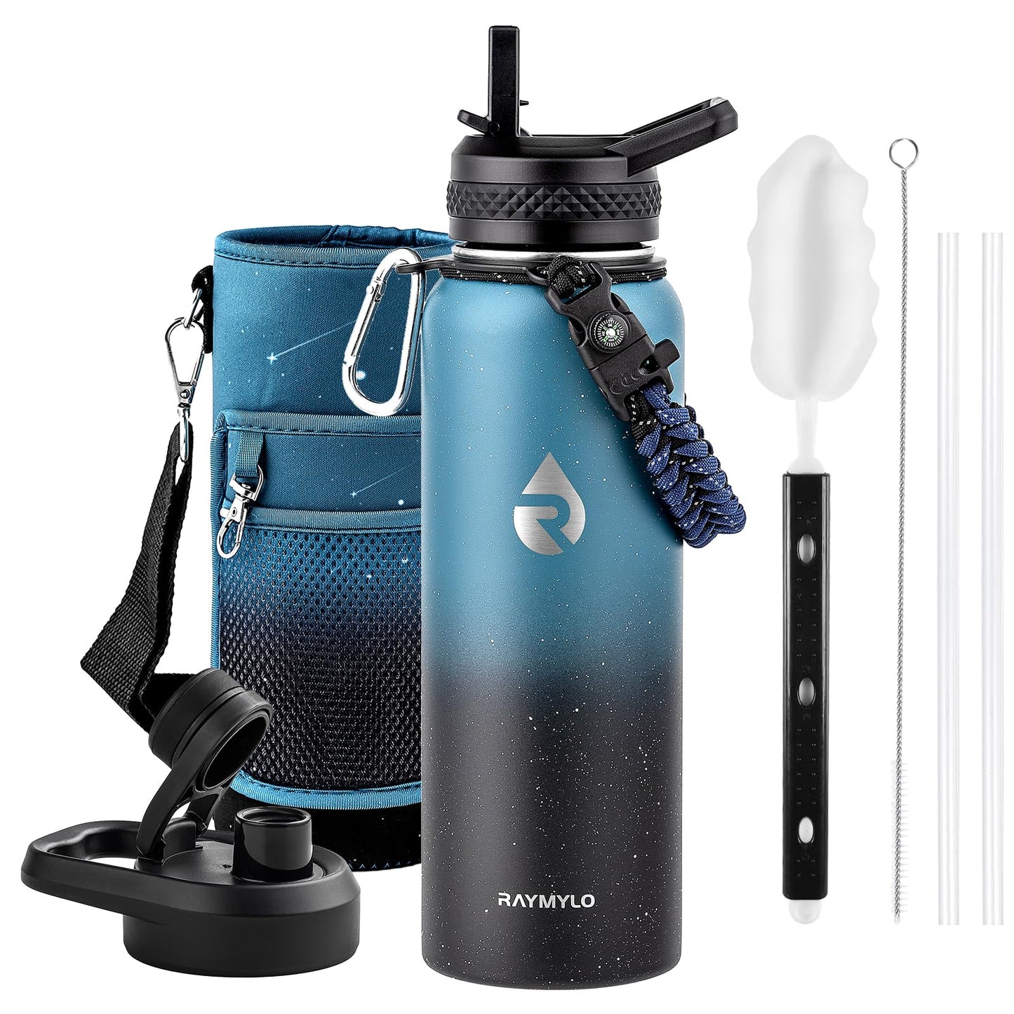 RAYMYLO Insulated Water Bottle 40 oz, Triple Wall Vacuum Stainless Steel (Cold for 36Hrs, Hot for 18Hrs), Leak Proof & Non-BPA, Modern Water Flask Jug with Paracord Handle & Straw Spout Lids