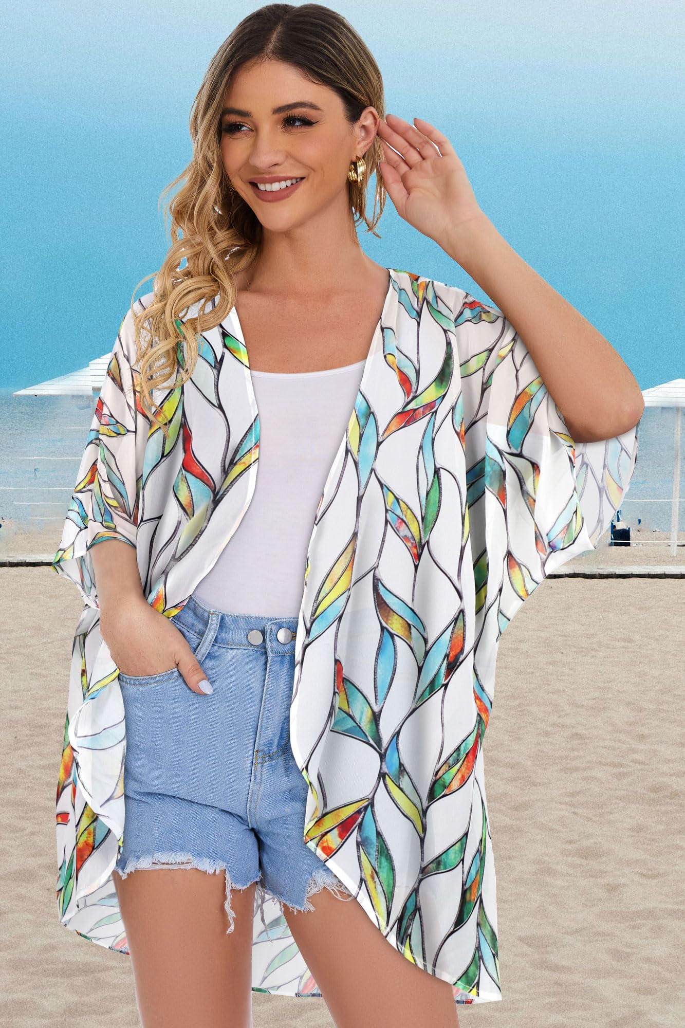 Womens Short Cardigans Casual Cover Up Open Front Kimono Tops Bathings Suit Shawl (White Colorful Leaves,XL)