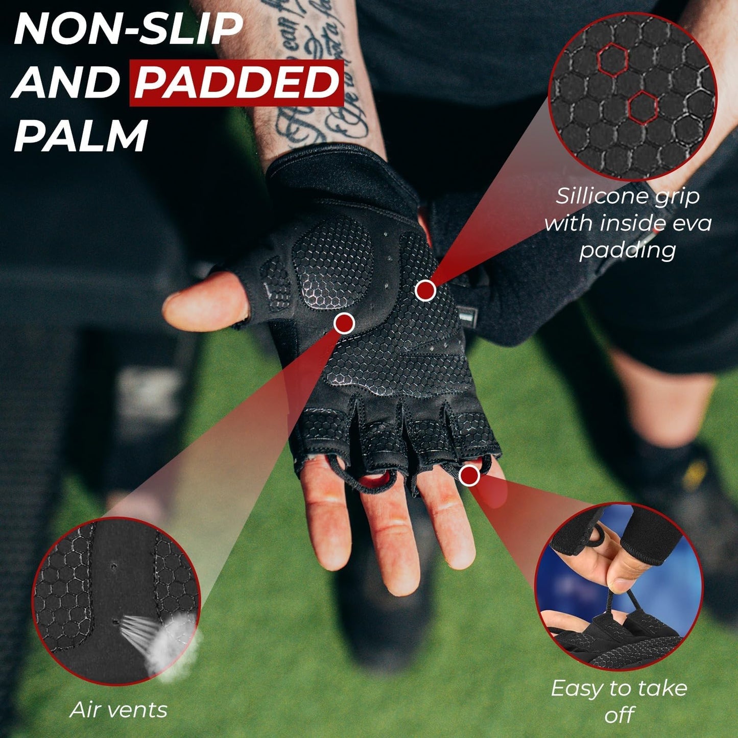 BEAST RAGE Workout Gloves for Men, Durable Palm Grip Gym Gloves Women Half Finger Elasticated Training Weight Lifting Strength Bodybuilding Anti Slip Cycling Glove Exercise (Jet Black, M)