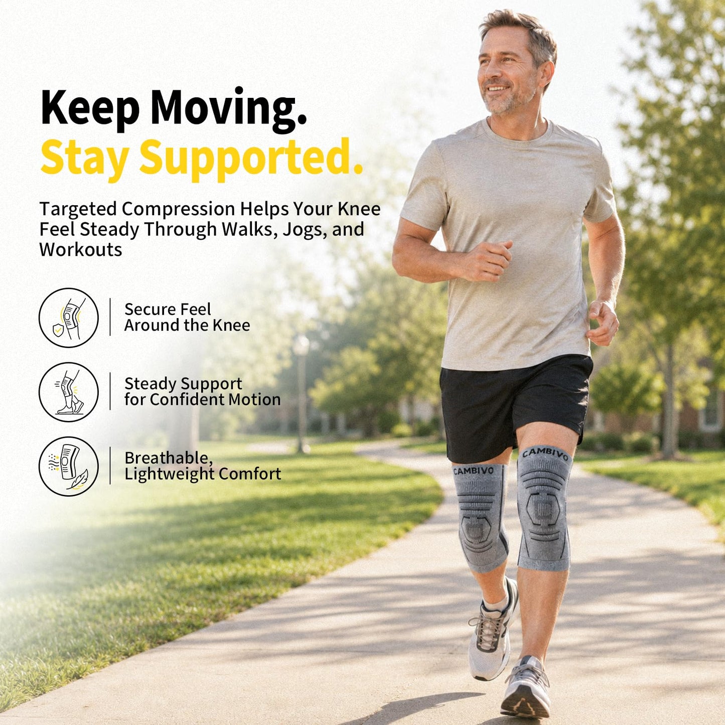 CAMBIVO 2 Pack Knee Brace for Women & Men, Latex Free & Silicone Free Compression Knee Sleeves with Side Stabilizers, Lightweight Knee Support for Arthritis, Meniscus, Walking, Running (Gray, Large)