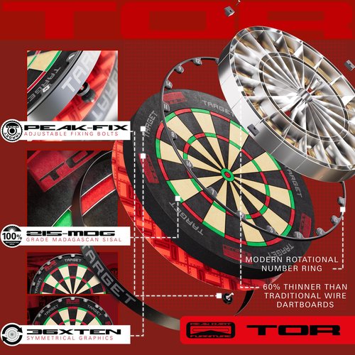 TARGET Darts TOR Dartboard, Steel Tip Dart Board | WDF Approved Competition Standard Dartboards & Fixing Kit, Modern Rotational Number Ring, Premium Madagascan Sisal, Stainless Steel Thin Wire System