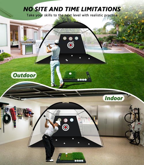 Golf Net: 10x7ft Golf Hitting Practice Net for Indoor & Outdoor Use with Heavy-Duty Base Dual-Turf Mat, Chipping Swing Training Mult-Target Nets for Backyard Driving, Gifts for Men Dad Husband Golfers