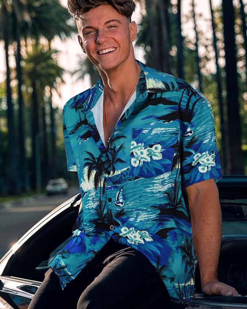Mens Hawaiian Shirt Short Sleeve Summer Beach Casual Tops Button Down T Shirts with Pocket(Green Palm Tree,XL)