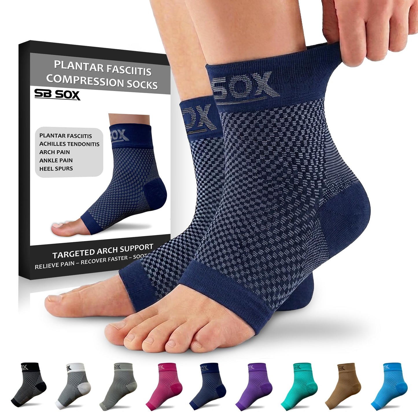 SB SOX Plantar Fasciitis Compression Socks – Arch Support Sleeve for Heel Pain Relief, Achilles Tendonitis & Foot Pain – Toeless Ankle Compression, All-Day Comfort (Navy, Medium)