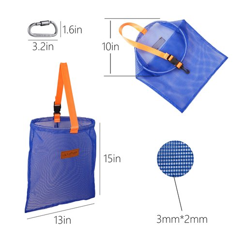 LUPUSH Clam Bag with Carabiner – Heavy-Duty Clam Net with Coated Mesh and Steel Ring – For Razor Clams, Clamming & Surf Fishing – Handheld or Belt Carry