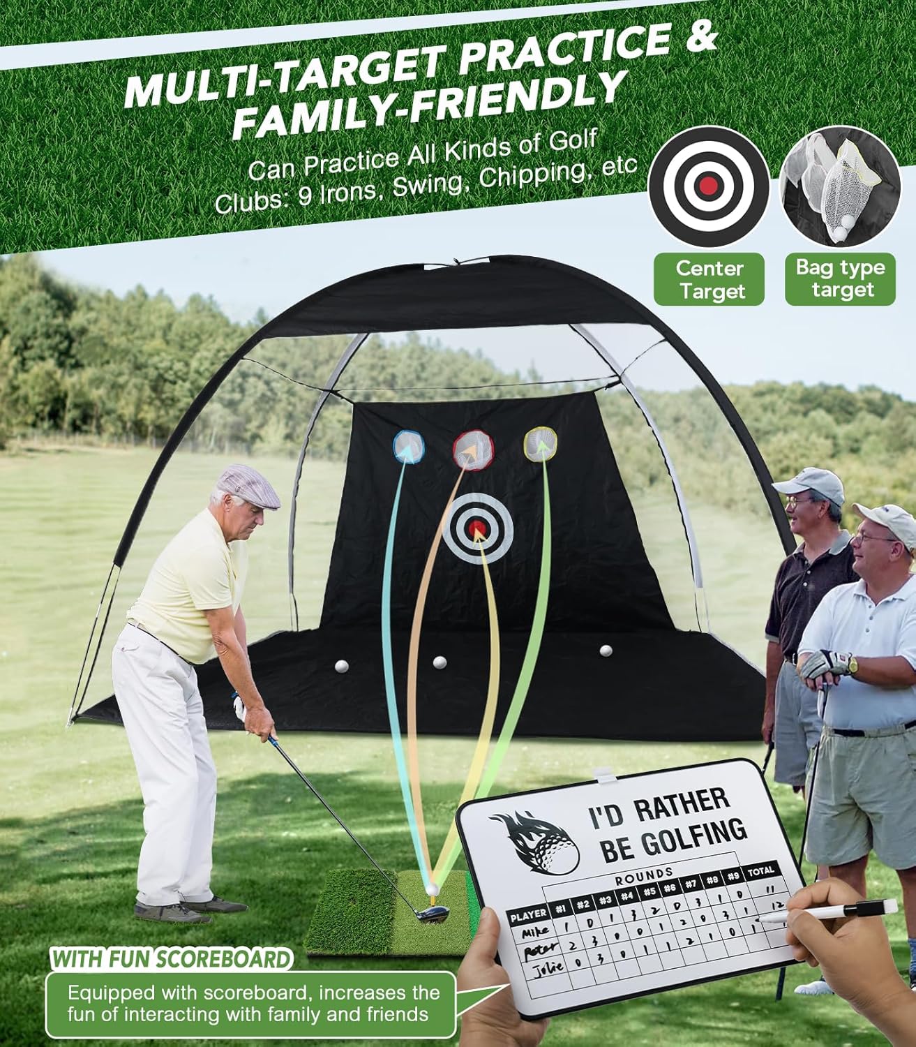 10x7FT Golf Net with Foldable Tri-Turf Practice Mat, All-in-1 Golf Hitting Aid with Scoreboard & Target, Chipping Training Nets for Backyard Driving, Ideal Gifts for Men Dad Husband Boys