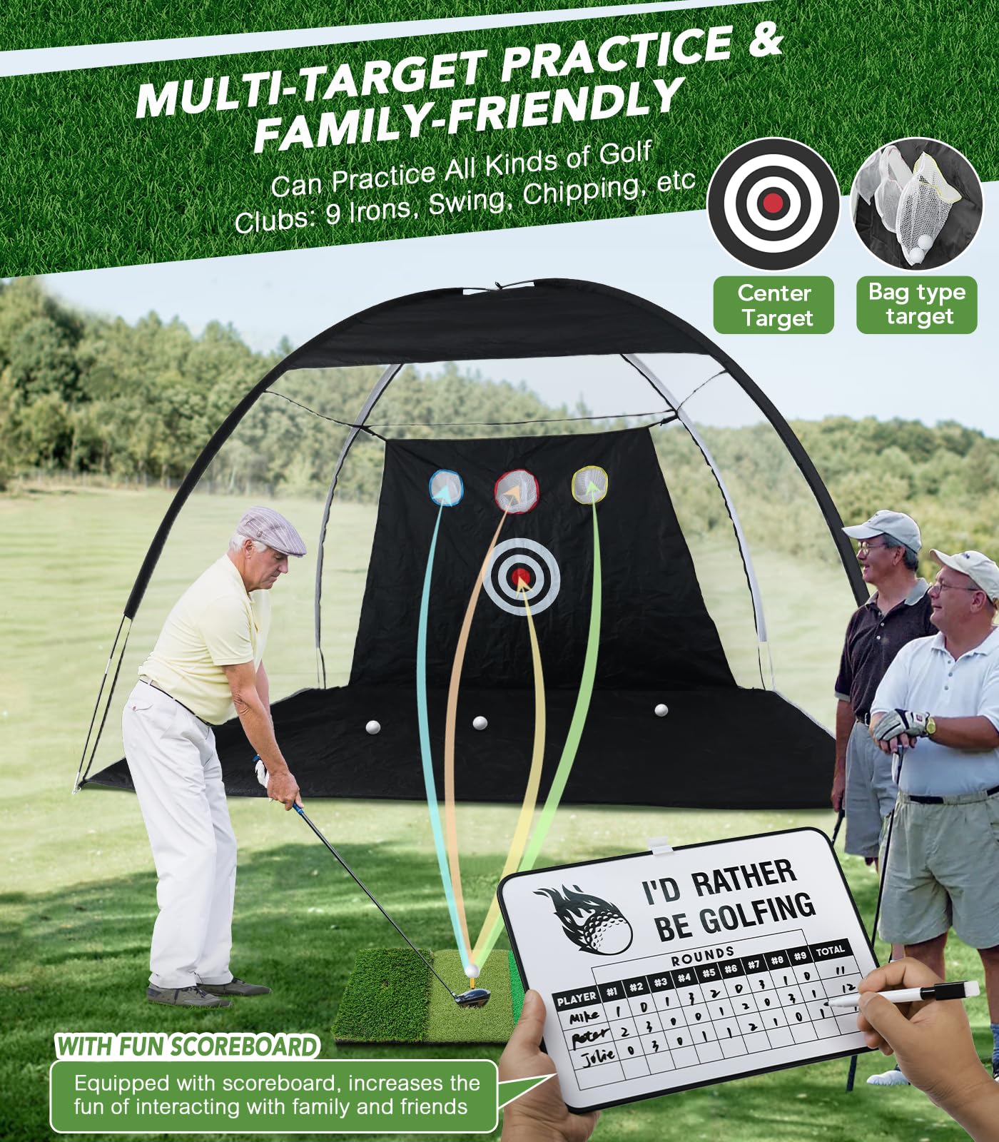 10x7FT Golf Net with Foldable Tri-Turf Practice Mat, All-in-1 Golf Hitting Aid with Scoreboard & Target, Chipping Training Nets for Backyard Driving, Ideal Gifts for Men Dad Husband Boys