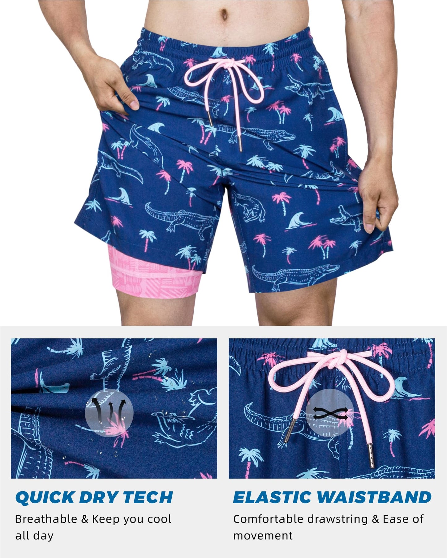SURF CUZ Mens Swim Trunks with Compression Liner Quick Dry Swim Shorts 7" Swimming Trunks Stretch Zipper Pockets,Neon Crocodile,XS