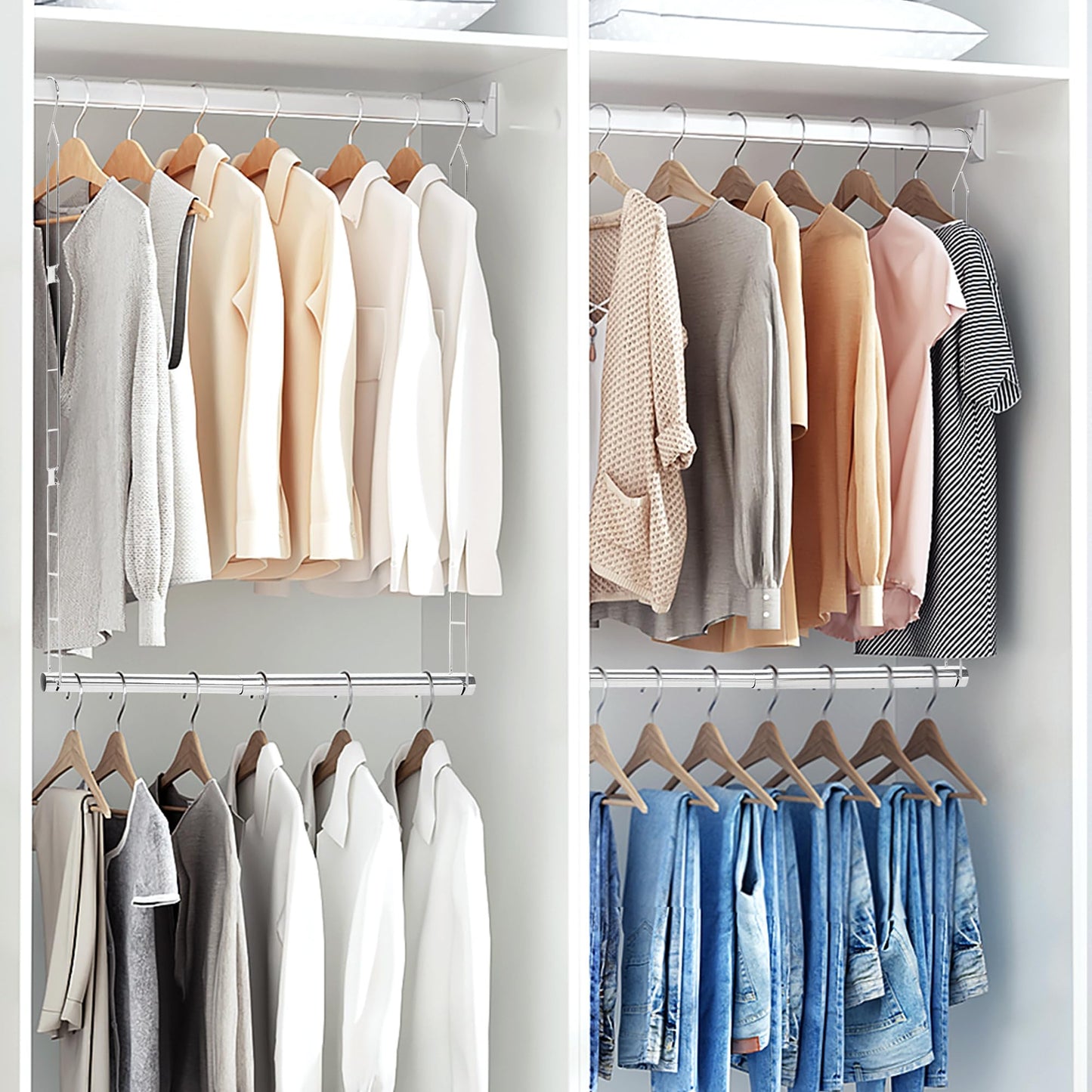 STORAGE MANIAC Hanging Closet Rod, Adjustable Width and Height Closet Hanging Organizer, Space-Saving Clothes Hanging Bar, Closet Extender Hanging Rod Double Closet Hanging Rod, 1 Pack Chrome
