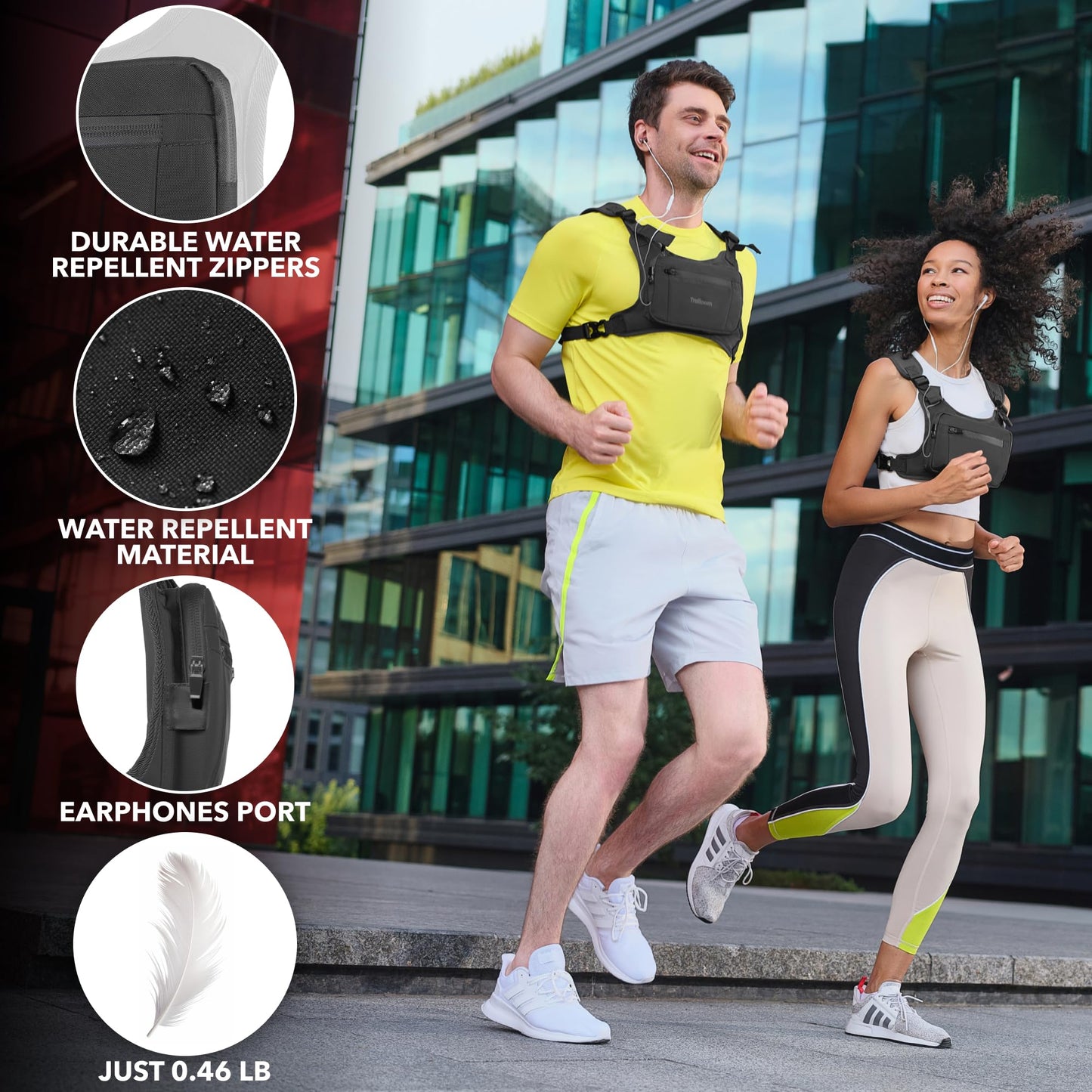 Trailoom Running Chest Pack - Phone Holder,Water Repellent,No Bounce,Reflective Vest,Hidden Pocket - Workout Bag for Runners, Cycling, EDC Pouch, Jogging Carrier, Men & Women, Lightweight (Black&Gray)