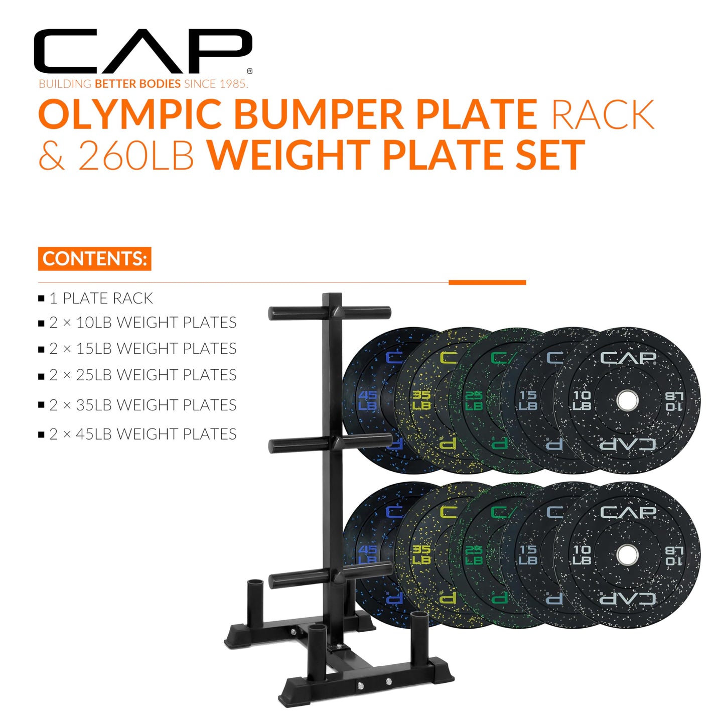 CAP 260 lb Economy Speckled Olympic Bumper Plate Set with Storage Rack, 2-Inch Olympic Plates, Medium Bounce Rubber Weight Plates with Steel Hub, 6 Weight Posts & 4 Barbell Holders for Weightlifting, Strength Training & Home Gym Workouts