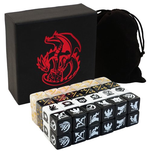 Extalas MTG dice Set with counters for Final Fantasy MTG - 50 dice Including keyword, +1 to +6, and -1 to -6 counters - Comes with Storage Box and Pouch (Pattern Version)