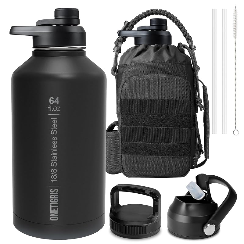 ONETIGRIS 64oz Tactical Insulated Water Bottle with 3 Lids & MOLLE Pouch - Black