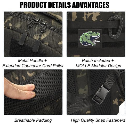 Kids Tactical Backpack Army Molle Bookbag Military Boys Backpack for School, Outdoor, Camping (Includes 2 Patches+1Carabiner), Black Camo