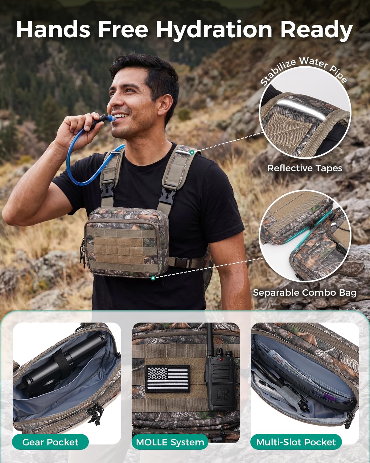 Blue Quartz 3-in-1 Running Vest with 2L Water Bladder, Lightweight Tactical Hydration Backpack with Detachable Waist Pack, Reflective Chest Pack for Hiking Running Cycling Race for Women Men