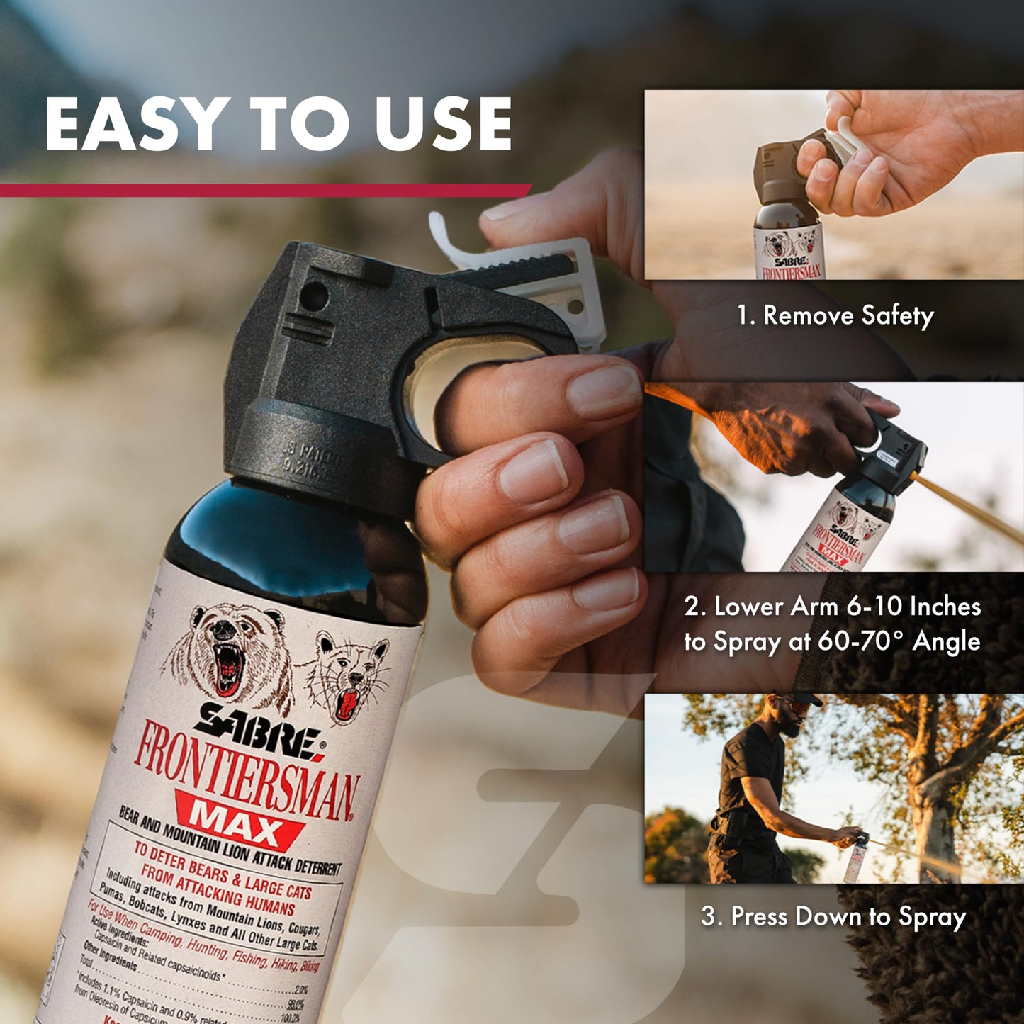 SABRE Frontiersman MAX Bear Spray & Mountain Lion Deterrent – 40‑Foot Range, Max Strength 2% Major Capsaicinoids, EPA‑Registered, Self Defense for Hiking, Camping, Hunting, Fishing & Biking, 9.2 oz