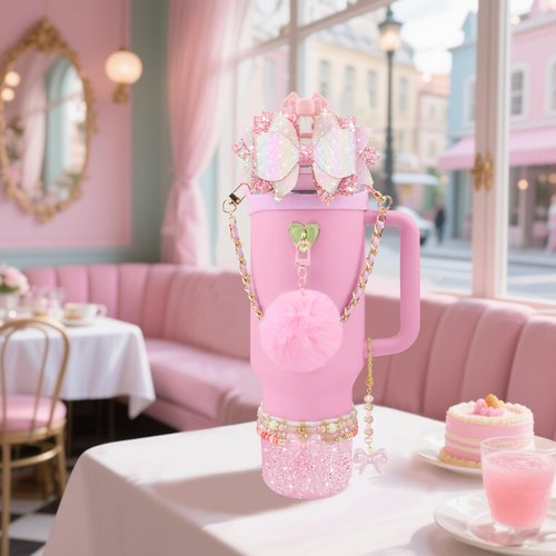 Hpebl 11PCS Accessories for Stanley Cup 40oz&30oz Tumbler Accessories Including Silicone Cute Pink Bow Straw Topper Cover Silicone Stanley Boot Leather Bottle Handle Strap Bracelet Y2K Pink Charms